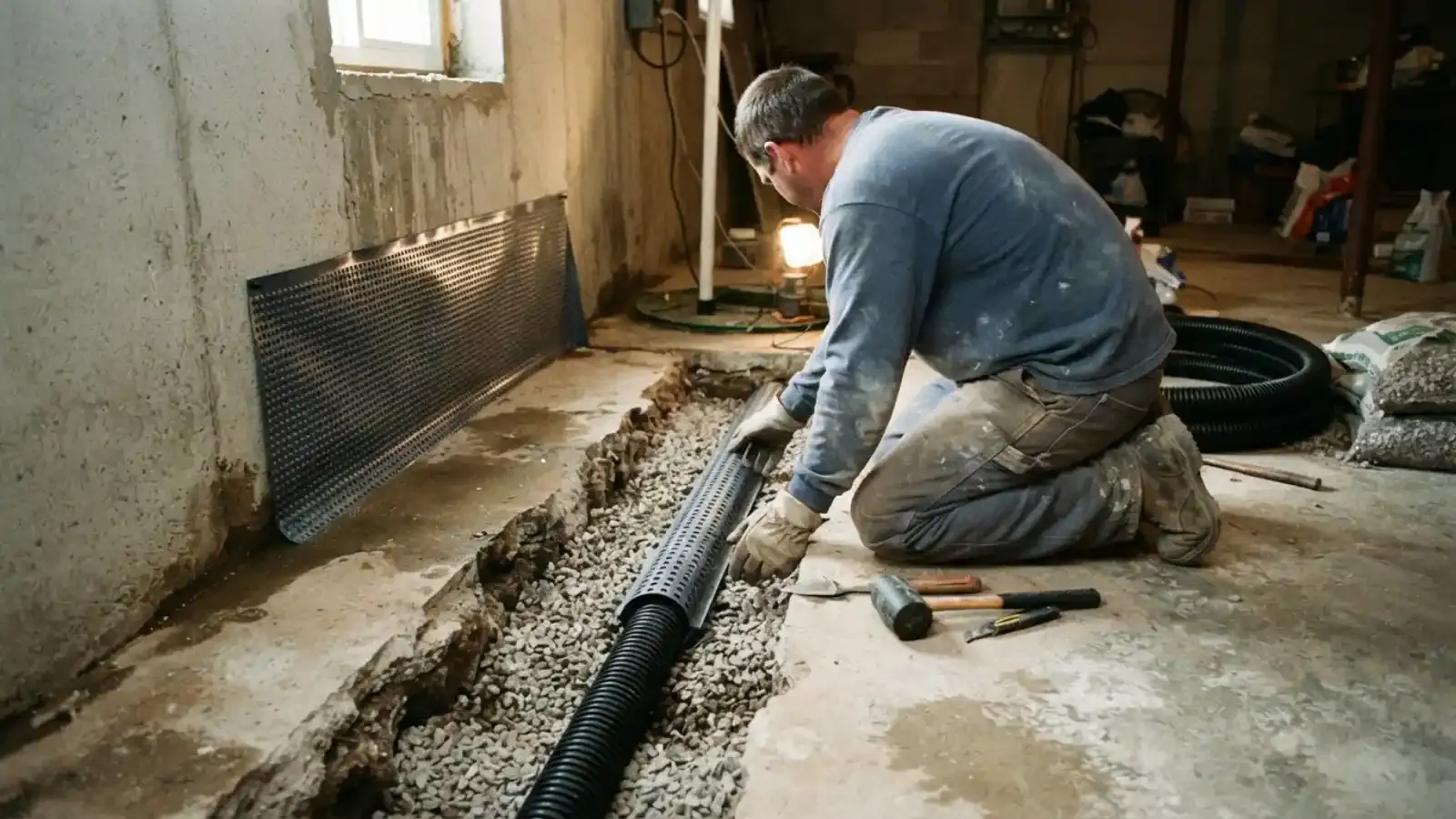 Worker kneeling in a basement setting perforated drain pipe in a gravel trench cut along the foundation wall, with a drainage panel against the wall