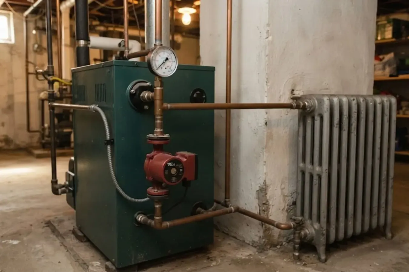 Green cast iron boiler with copper piping, a red circulator pump and a pressure gauge beside a cast iron radiator in an older basement