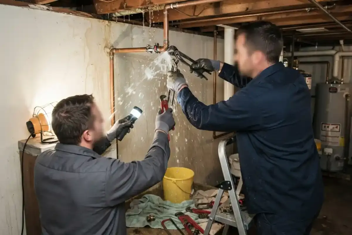 Two plumbers in a basement working on a leaking copper pipe with a wrench, one holding a flashlight, water spraying, a work light and bucket on the floor