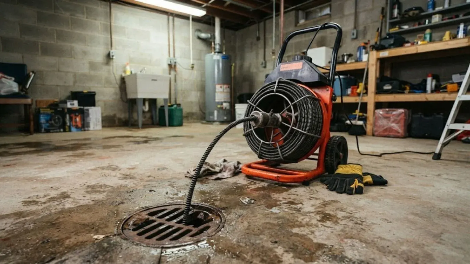 Drum drain machine with its cable fed into a floor drain in a concrete block basement, with a water heater and utility sink in the background