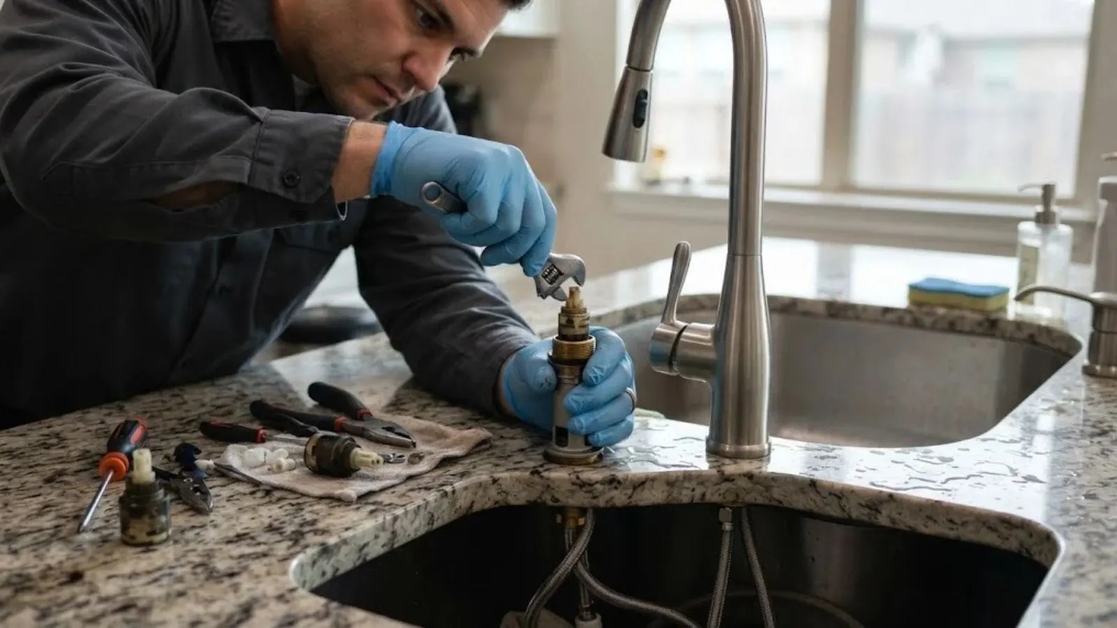 Plumber in blue gloves holding a faucet cartridge with a wrench over a granite countertop, with tools laid out on a cloth beside a double kitchen sink