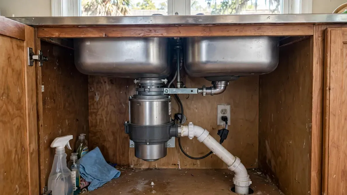 View under a double kitchen sink cabinet showing a stainless garbage disposal with white drain pipe and cleaning bottles on the cabinet floor