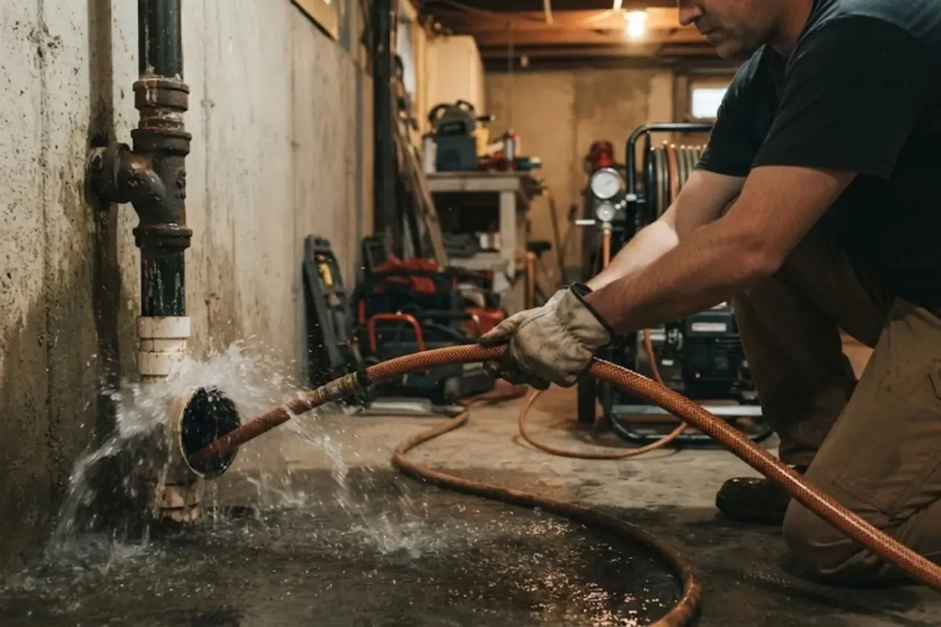 Plumber feeding a high-pressure jetting hose into an open floor drain in a basement, with water spraying out and the jetting machine behind him