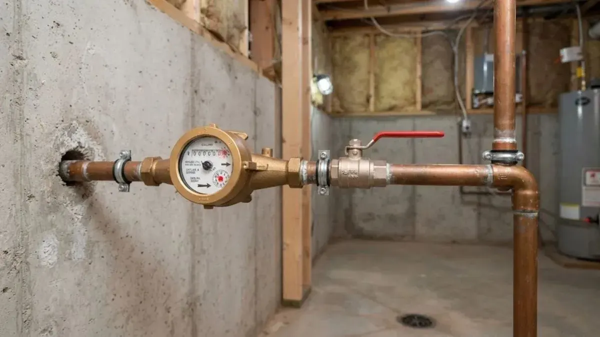 Copper water line entering a concrete basement wall with a water meter and red-handled shutoff valve, and a water heater in the background