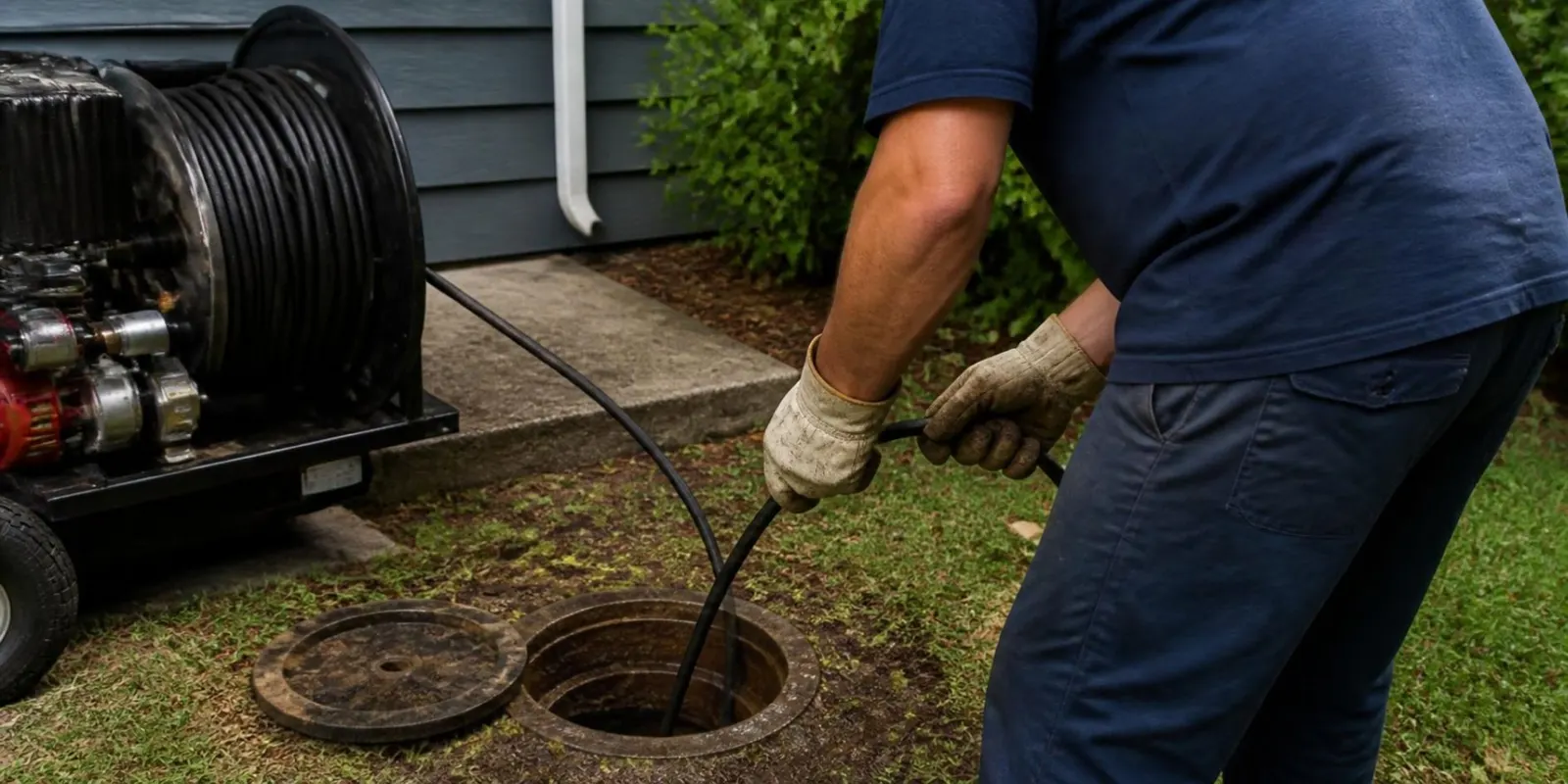 Plumber feeding a machine cable into an outdoor sewer cleanout in a lawn beside a house, with the cable drum machine behind him