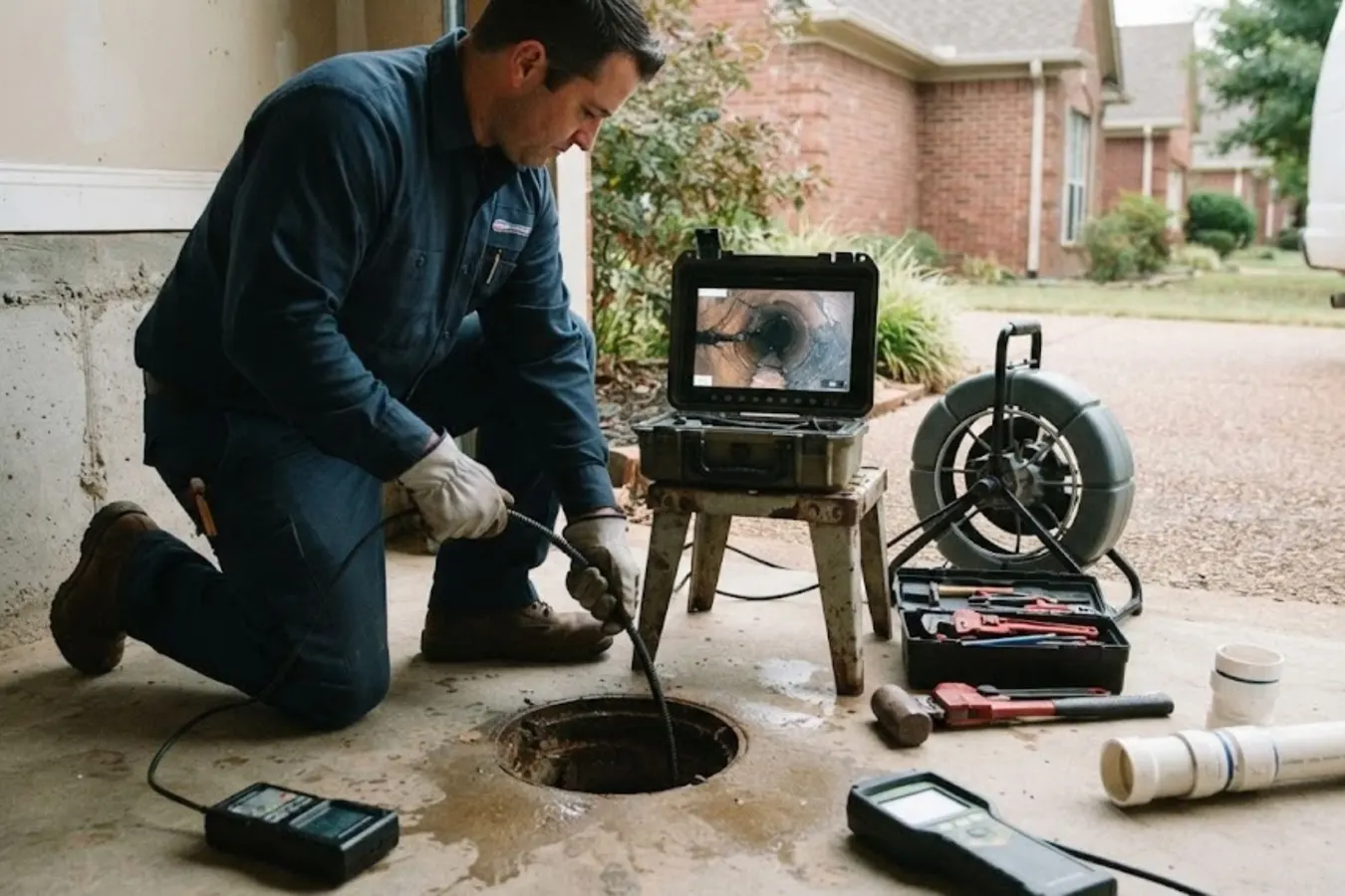 Plumber kneeling beside a driveway sewer cleanout feeding a camera cable into the line, with a monitor on a stool, a cable reel and hand tools laid out on the concrete