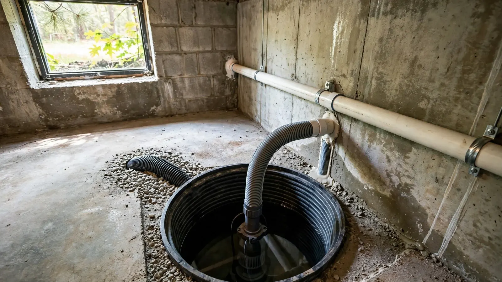 Sump pit with a black basin liner and flexible discharge hose in the corner of an unfinished concrete block basement with a small window