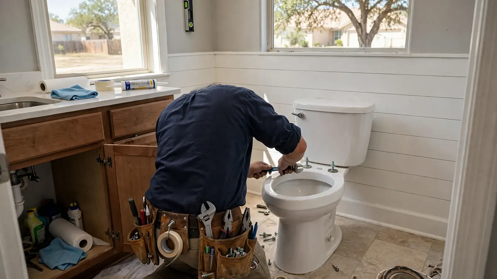 Plumber kneeling beside a toilet in a bright bathroom, tightening the base fittings with a tool belt on his waist and an open vanity cabinet behind him