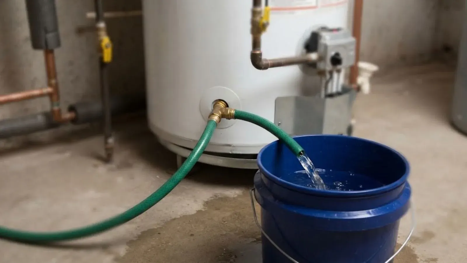 Garden hose attached to the drain valve at the bottom of a gas water heater, running into a blue bucket as the tank is drained