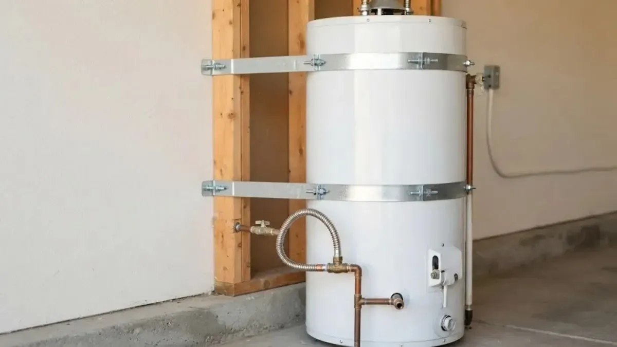 White tank water heater secured to wall studs with two metal straps, with copper supply lines and a flexible connector at the base