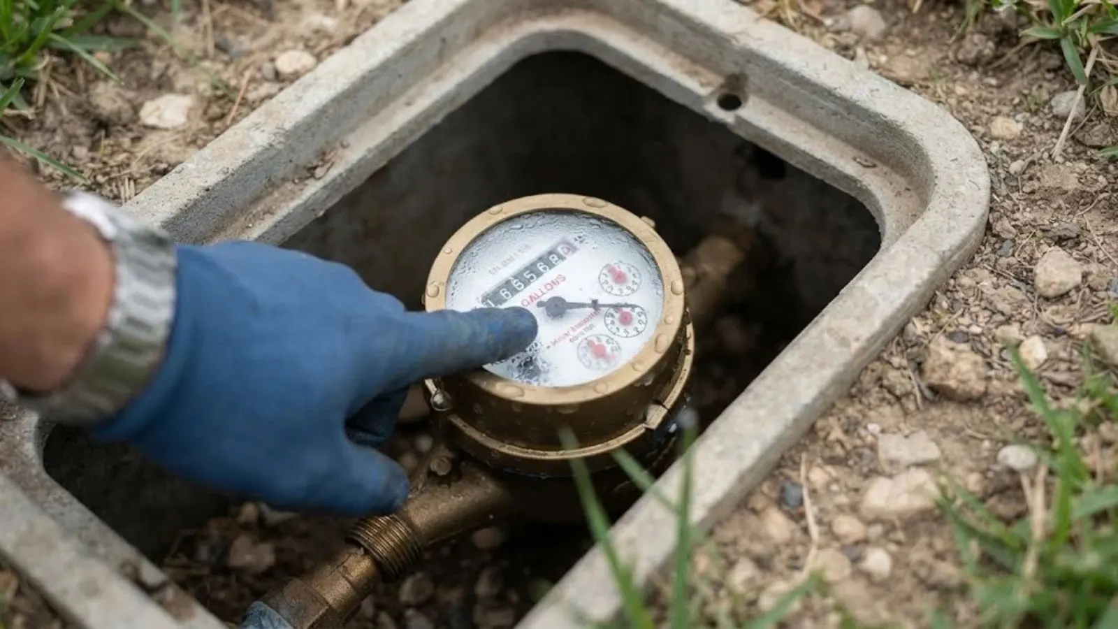 Gloved hand pointing to the dial on a brass water meter inside a concrete meter pit set in the ground